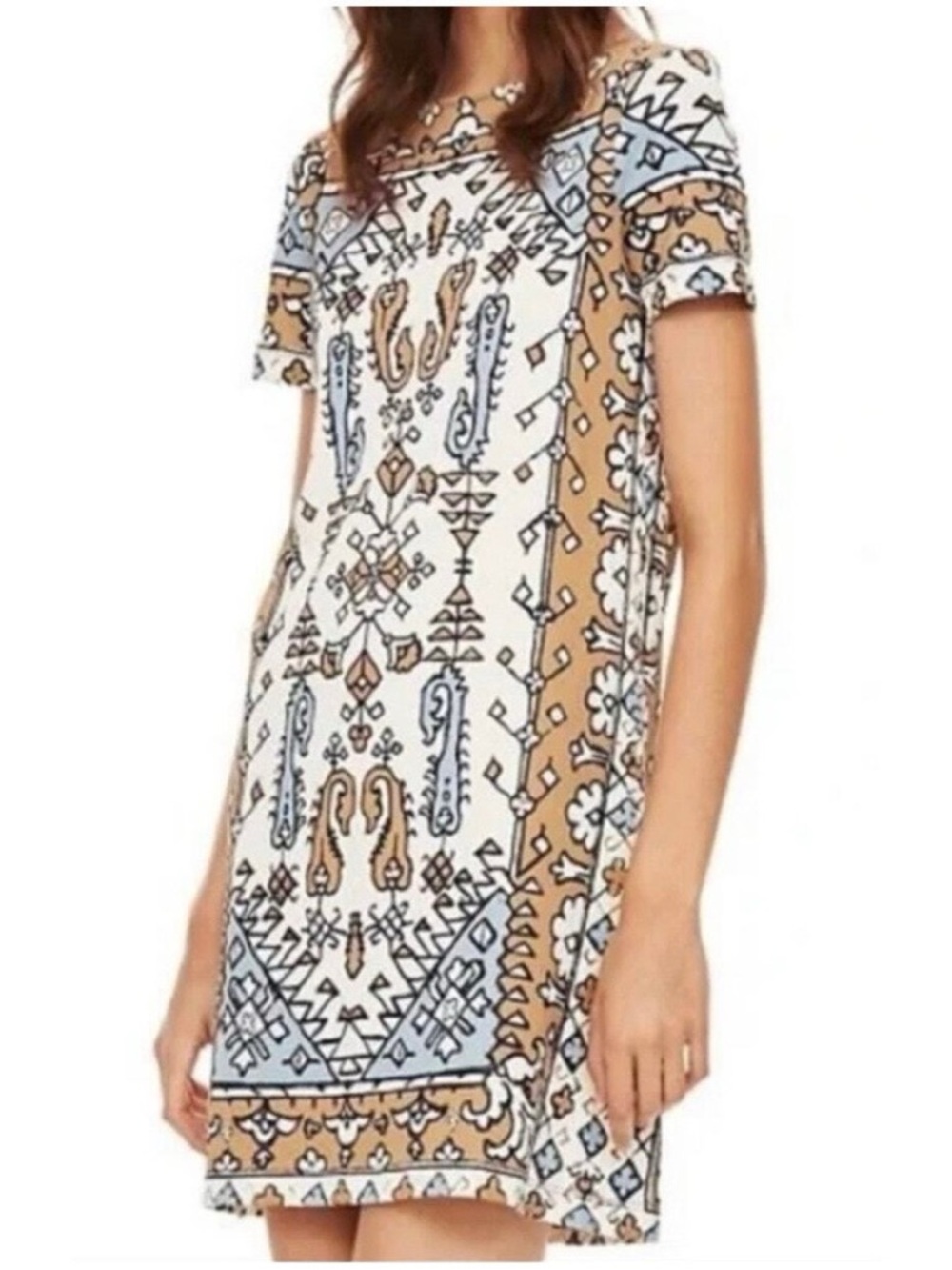 Tory Burch Boho Moroccan Shift Dress in Blue and Camel